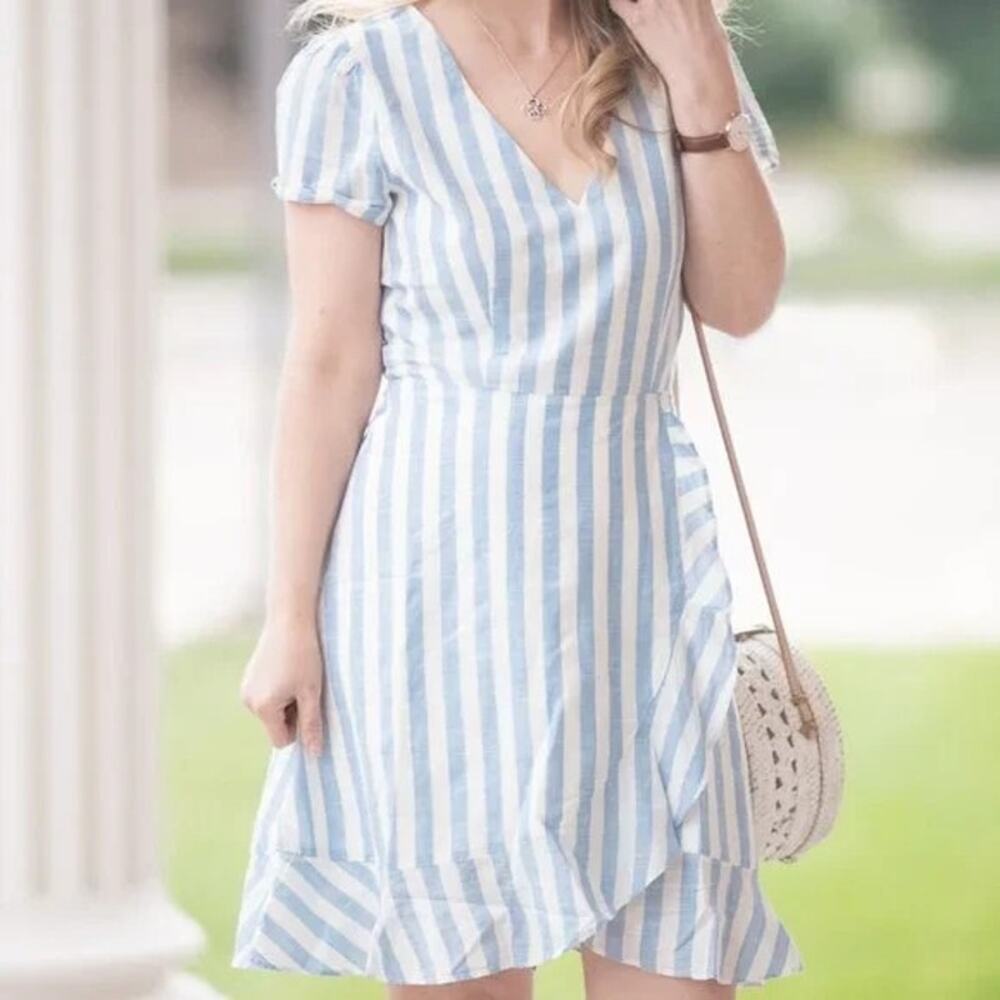 J. Crew Stripped Faux Wrap Ruffle V-Neck Short Sleeve Mini Dress 12 Blue White